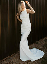 Elastic Satin Sleeveless Sweep Train Mermaid Fitted Scoop Neck Wedding Dresses-Ballbella