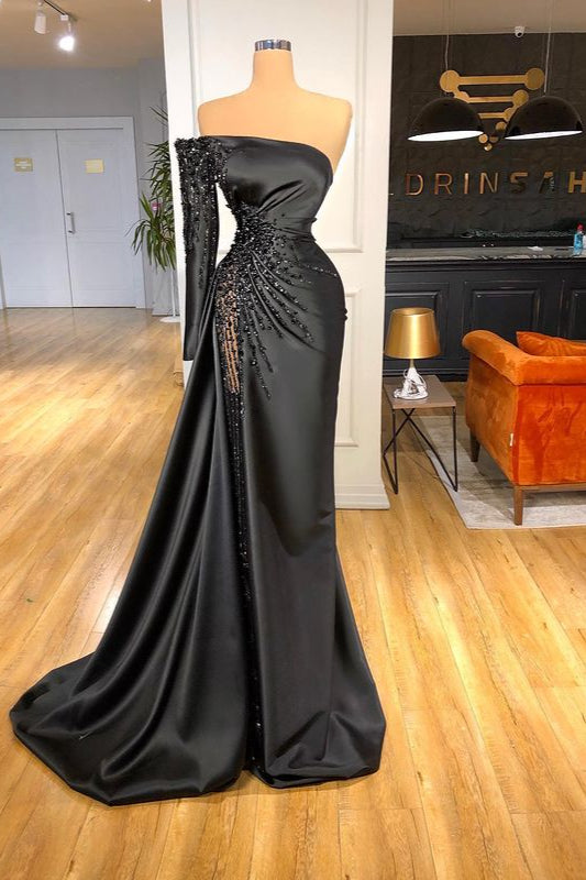 Elegant Black One Shoulder Prom Dress Beadings Ball Dresses Long Sleev ballbellauk Elegant Black One Shoulder Prom Dress Beadings Ball Dresses Long Sleev ballbellauk