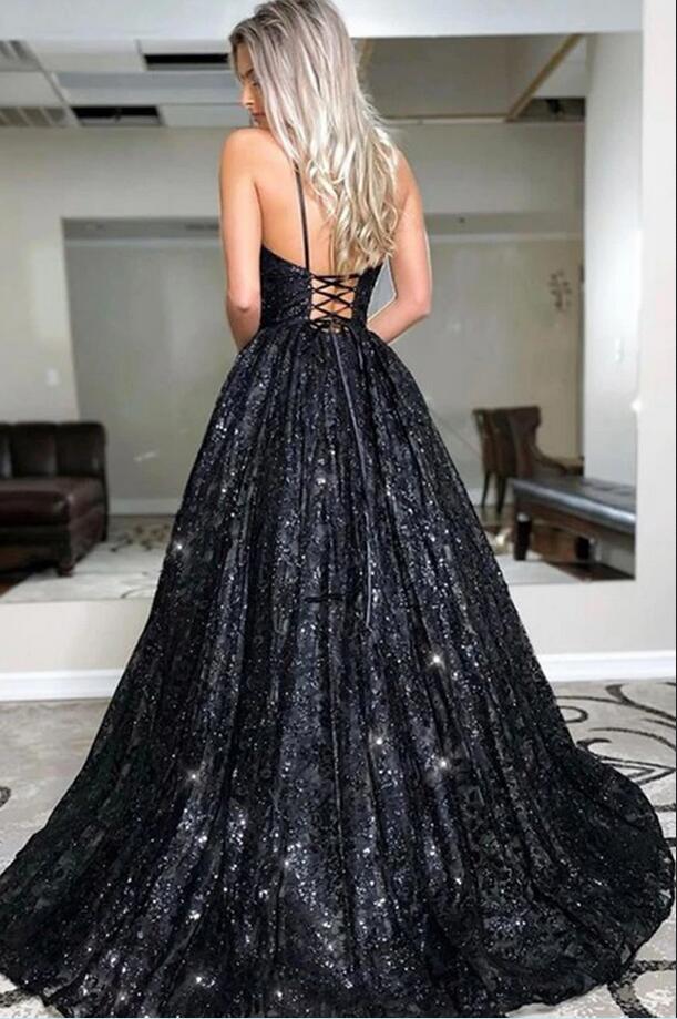 Elegant Black Sequins Long Evening Prom Dress Spaghetti-Straps ballbellauk Elegant Black Sequins Long Evening Prom Dress Spaghetti-Straps ballbellauk