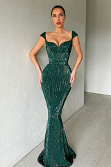 Elegant Cap Sleeves Sequins Mermaid Evening Dress Long Sweetheart-ballbellauk