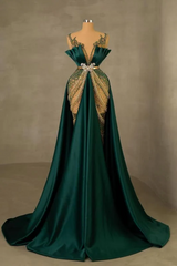 Elegant Dark Green V-neck Luxury Beaded Mermaid Court Train Prom Dresses-Ballbella