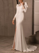 Elegant High Neck Long Sleeves Lace Back Wedding Dresses-Ballbella