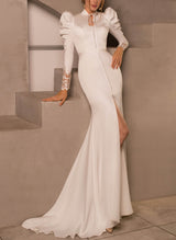 Elegant High Neck Long Sleeves Lace Back Wedding Dresses-Ballbella