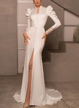 Elegant High Neck Long Sleeves Lace Back Wedding Dresses-Ballbella