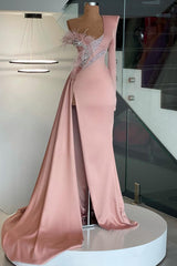 Elegant Long Sleeve One Shoulder Mermaid Prom Dress Long Split-ballbellauk