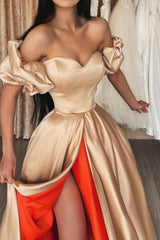 Elegant Off-the-Shoulder Champagne Evening Dress Long Slit On Sale-ballbellauk