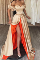 Elegant Off-the-Shoulder Champagne Evening Dress Long Slit On Sale-ballbellauk