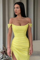Elegant Off-the-Shoulder Daffodil Prom Dresses Mermaid Sequins Long Slit-ballbellauk