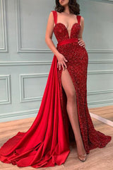 Elegant Red Beadings Mermaid Prom Dress Split With Ruffles Sequins-ballbellauk
