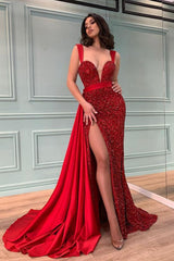 Elegant Red Beadings Mermaid Prom Dress Split With Ruffles Sequins-ballbellauk