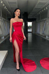 Elegant Red Strapless Long Evening Dresses Mermaid With Slit-ballbellauk