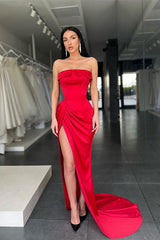 Elegant Red Strapless Long Evening Dresses Mermaid With Slit-ballbellauk