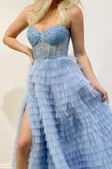 Elegant Sky Blue Spaghetti-Straps Prom Dresses Mermaid Sweetheart Layers Tulle With Slit-ballbellauk
