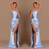 Elegant Sky Blue Strapless Mermaid Formal Wears Long Split-ballbellauk