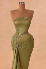 Elegant Strapless Silver Beaded Mermaid Olive Green Satin Floor length Prom Dresses-Ballbella