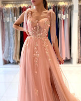 Elegant Straps Tulle Evening Dress Long With Split Sweetheart-ballbellauk