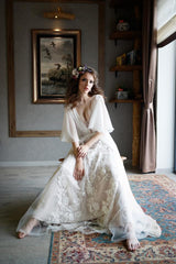 Elegant Wedding Dresses V Neck Half Sleeves Backless Lace Bridal Gown-Ballbella