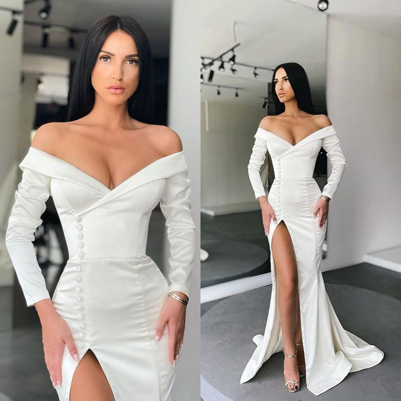 Blawhee Women's High Slit Mermaid Prom Dress - Off Shoulder Satin Evening Gown With Rhinestones