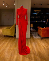 ElegantLong Sleeve Red Prom Dress Long With Split High Neck-ballbellauk