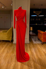 ElegantLong Sleeve Red Prom Dress Long With Split High Neck-ballbellauk