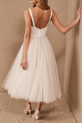 Exclusive White Wedding Dresses T-Length A-Line Sweetheart Pearls Spaghetti Straps Tea Length Bridal Dress-Ballbella