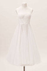 Exclusive White Wedding Dresses T-Length A-Line Sweetheart Pearls Spaghetti Straps Tea Length Bridal Dress-Ballbella