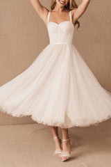 Exclusive White Wedding Dresses T-Length A-Line Sweetheart Pearls Spaghetti Straps Tea Length Bridal Dress-Ballbella