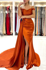 Fabulous Burnt Orange Mermaid Prom Dress Long With Split Off-the-Shoulder-ballbellauk