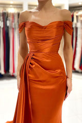 Fabulous Burnt Orange Mermaid Prom Dress Long With Split Off-the-Shoulder-ballbellauk