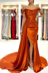 Fabulous Burnt Orange Mermaid Prom Dress Long With Split Off-the-Shoulder-ballbellauk
