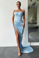 Fabulous Orange Strapless Pleats Prom Dress with court train High-split-ballbellauk