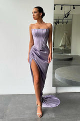 Fabulous Orange Strapless Pleats Prom Dress with court train High-split-ballbellauk