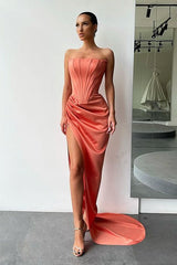 Fabulous Orange Strapless Pleats Prom Dress with court train High-split-ballbellauk