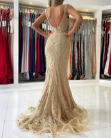 Fabulous V-Neck Mermaid Evening Dress With Gold Appliques Sleeveless-ballbellauk