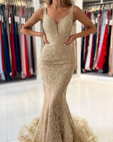 Fabulous V-Neck Mermaid Evening Dress With Gold Appliques Sleeveless-ballbellauk