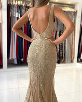 Fabulous V-Neck Mermaid Evening Dress With Gold Appliques Sleeveless-ballbellauk