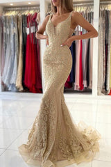 Fabulous V-Neck Mermaid Evening Dress With Gold Appliques Sleeveless-ballbellauk