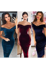 Fabulous Velvet Sheath Ruched Off-the-Shoulder Sleeveless Tea-Length Prom Dress-ballbellauk