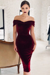 Fabulous Velvet Sheath Ruched Off-the-Shoulder Sleeveless Tea-Length Prom Dress-ballbellauk