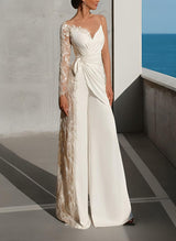 Floor-Length Wedding Jumpsuit Appliques Lace Long Sleeves-Ballbella