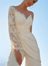 Floor-Length Wedding Jumpsuit Appliques Lace Long Sleeves-Ballbella