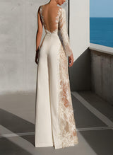 Floor-Length Wedding Jumpsuit Appliques Lace Long Sleeves-Ballbella