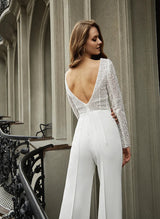 Floor-Length Wedding Jumpsuit Sequin Sheath Fitted Style Scoop Neck-Ballbella