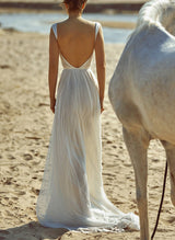 Front Split Chic A-line V-Neck Backless Pleated Tulle Wedding Dresses-Ballbella