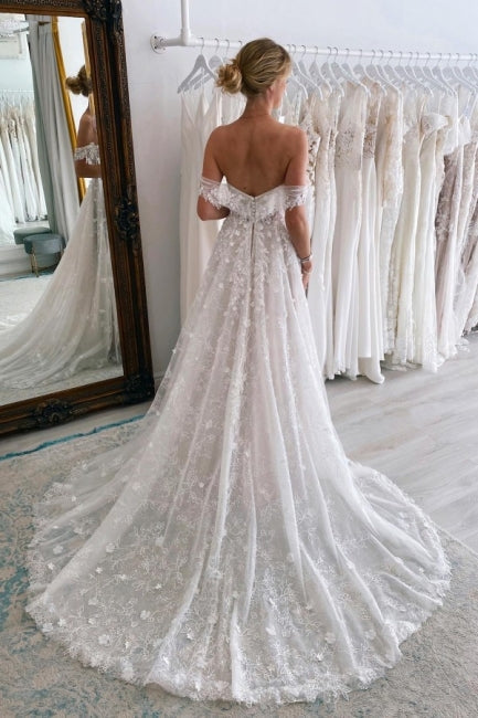 Glamorous Long A-Line Off-the-shoulder Lace Wedding Dresses With Glitt ballbellauk Glamorous Long A-Line Off-the-shoulder Lace Wedding Dresses With Glitt ballbellauk