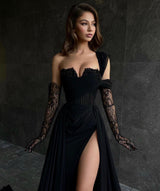 Glamorous Long Black One Shoulder Sleeveless Lace Evening Party Gowns With Sit-Ballbella