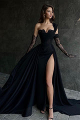 Glamorous Long Black One Shoulder Sleeveless Lace Evening Party Gowns With Sit-Ballbella