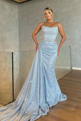Glamorous Strapless Sequins Prom Dresses Mermaid Long With Ruffles-ballbellauk