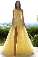Glittering Daffodil Sequins Prom Dress Long Split Online One Shoulder-ballbellauk