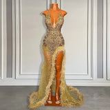 Gold Sleeveless Mermaid Prom Dress with Sequins High Slit and Feather Beadings-Ballbella